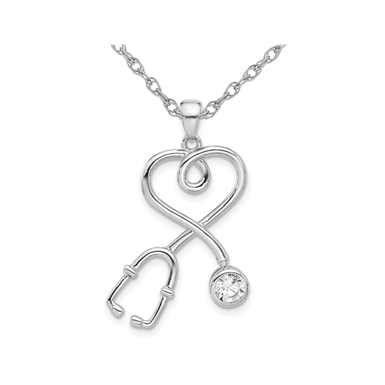 Gem And Harmony Stethoscope Charm Pendant Necklace in Sterling Silver with Cubic Zirconia (CZ) and Chain